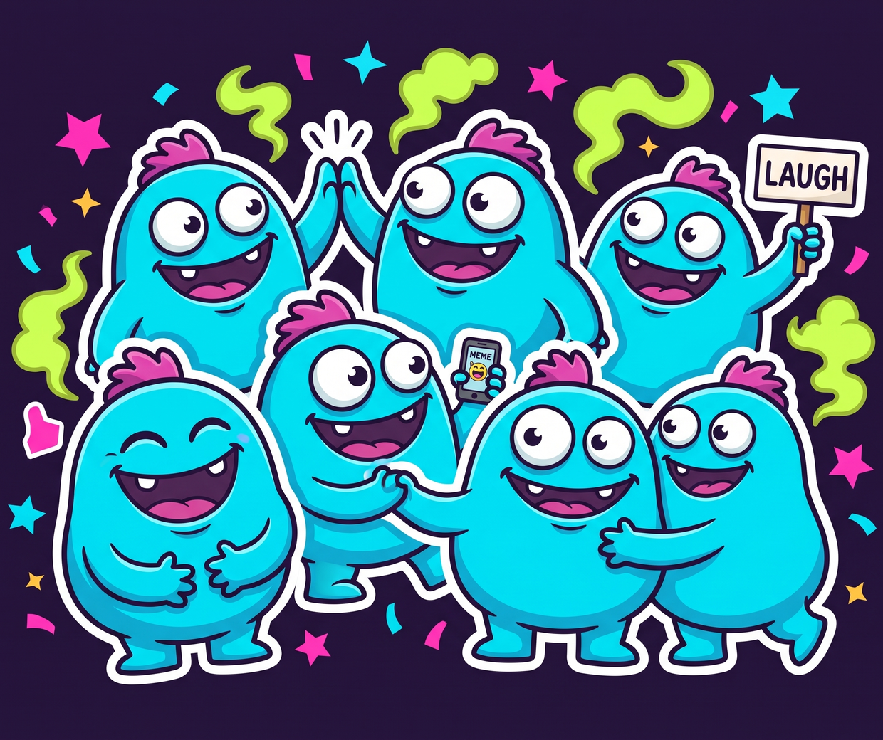 A crowd of cheering STENKO blobs